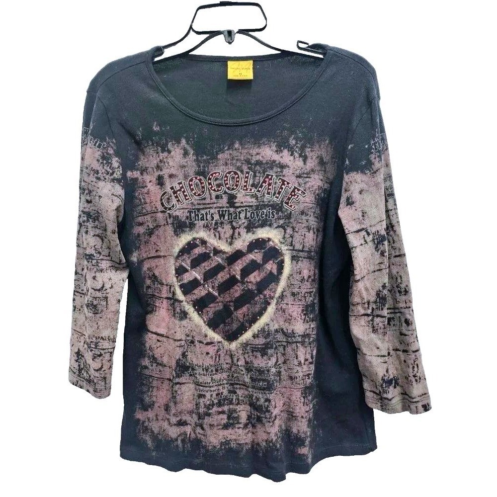 Katina Marie Y2K Grunge Top Womens Medium Chocolate Heart Rhinestone 3/4 Sleeve